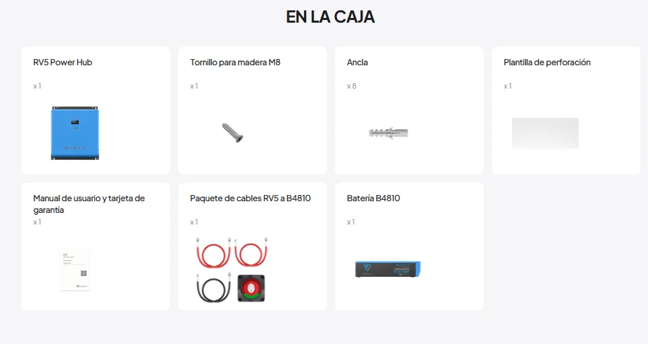 Contenido de la caja del BLUETTI RV5 Power Hub con batería B4810