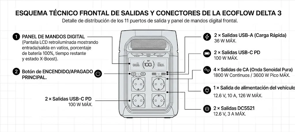 Esquema técnico frontal de salidas y conectores de la EcoFlow DELTA 3
