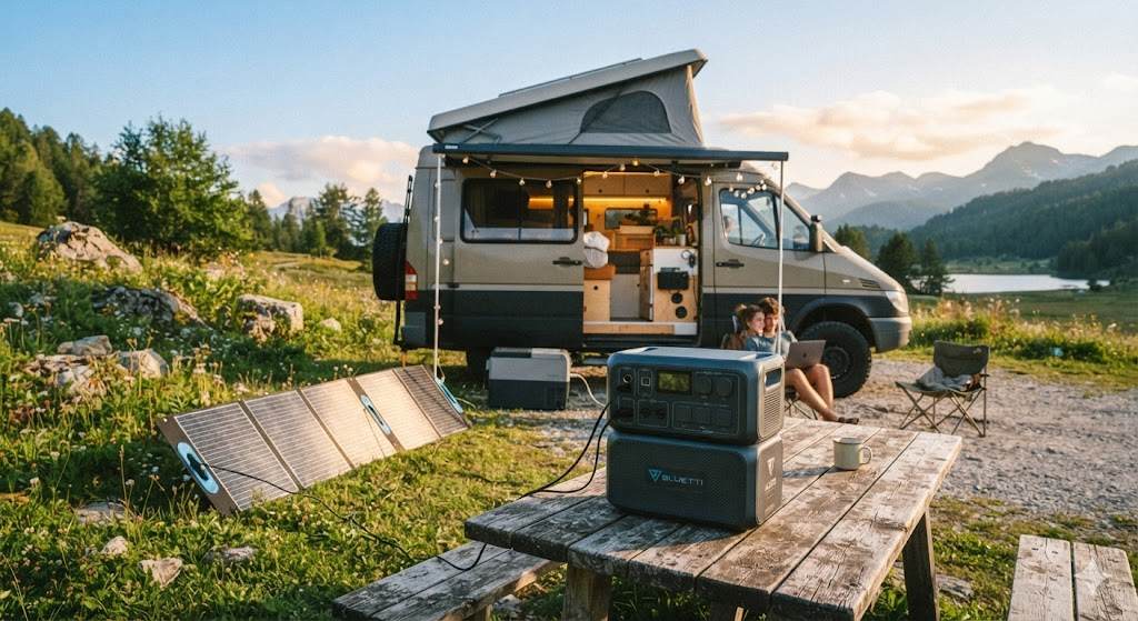 Generadores solares portátiles para furgoneta camper y sistemas de energía de litio en una acampada vanlife off-grid