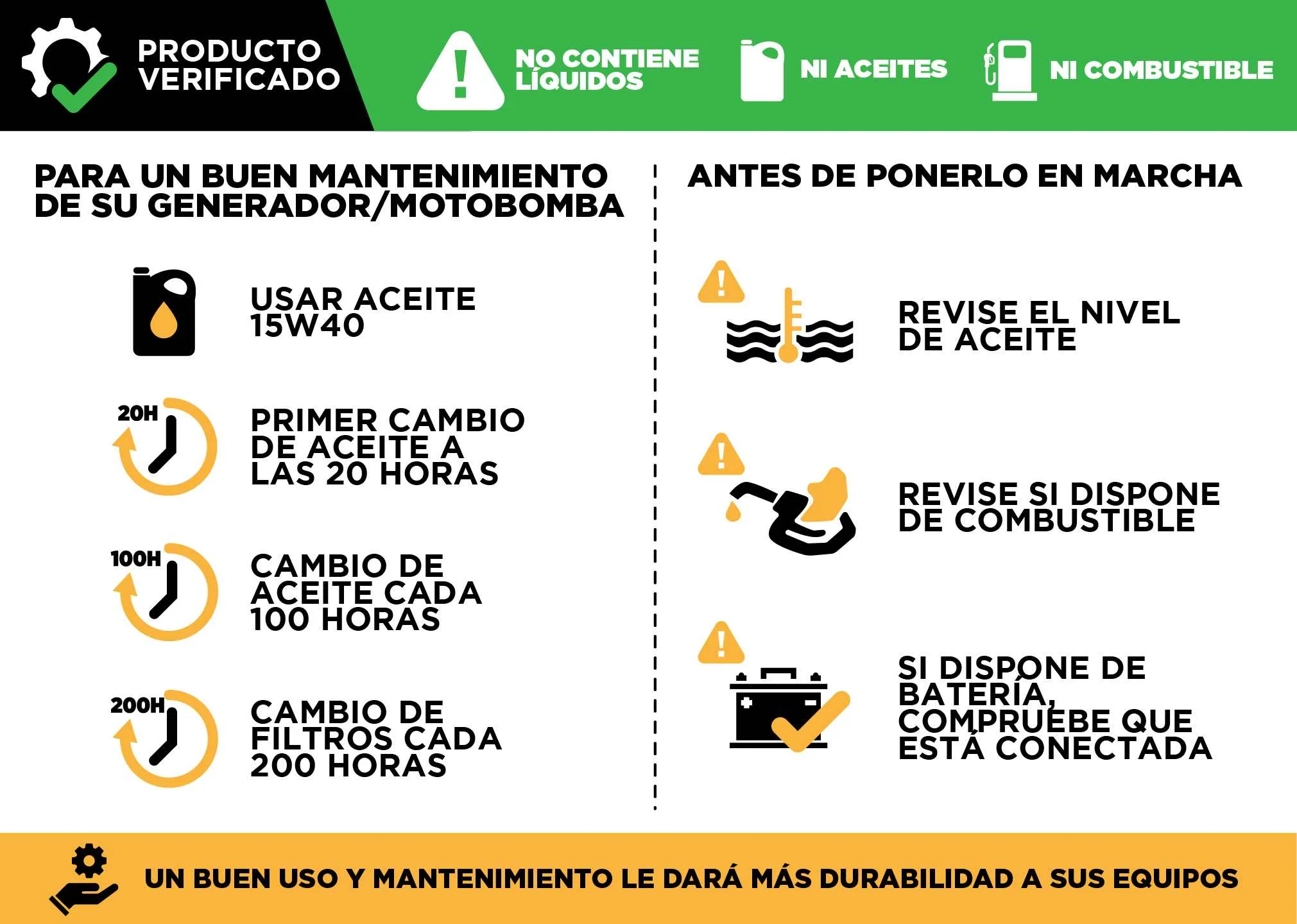 Mantenimiento del generador Hyundai HY6500Ei: aceite, primer cambio a las 20 horas y cambios posteriores cada 100 horas