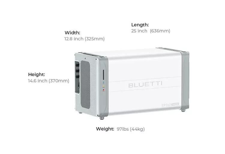 Medidas del Bluetti EP760 apilado con 4 baterías B500 y con el resto de configuraciones