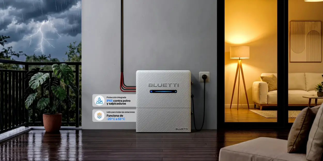 Bluetti BC260 funcionando en exterior bajo lluvia y frío gracias a su protección IP65 y precalentamiento