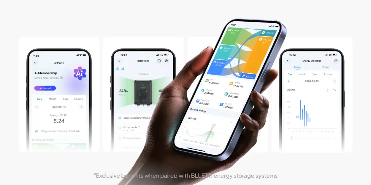 App BLUETTI mostrando producción solar, estado de la batería, consumo y ahorro de la Balco 500