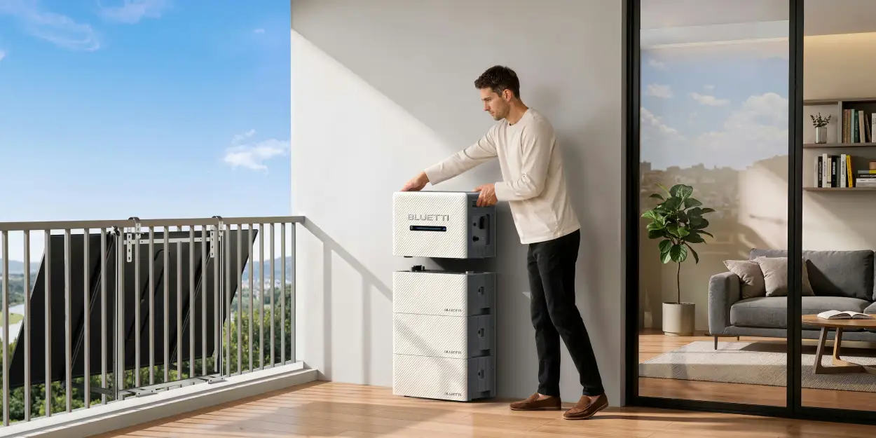 Instalación apilada de la Bluetti BC260 bajo la Balco 260, con conexión directa sin cables