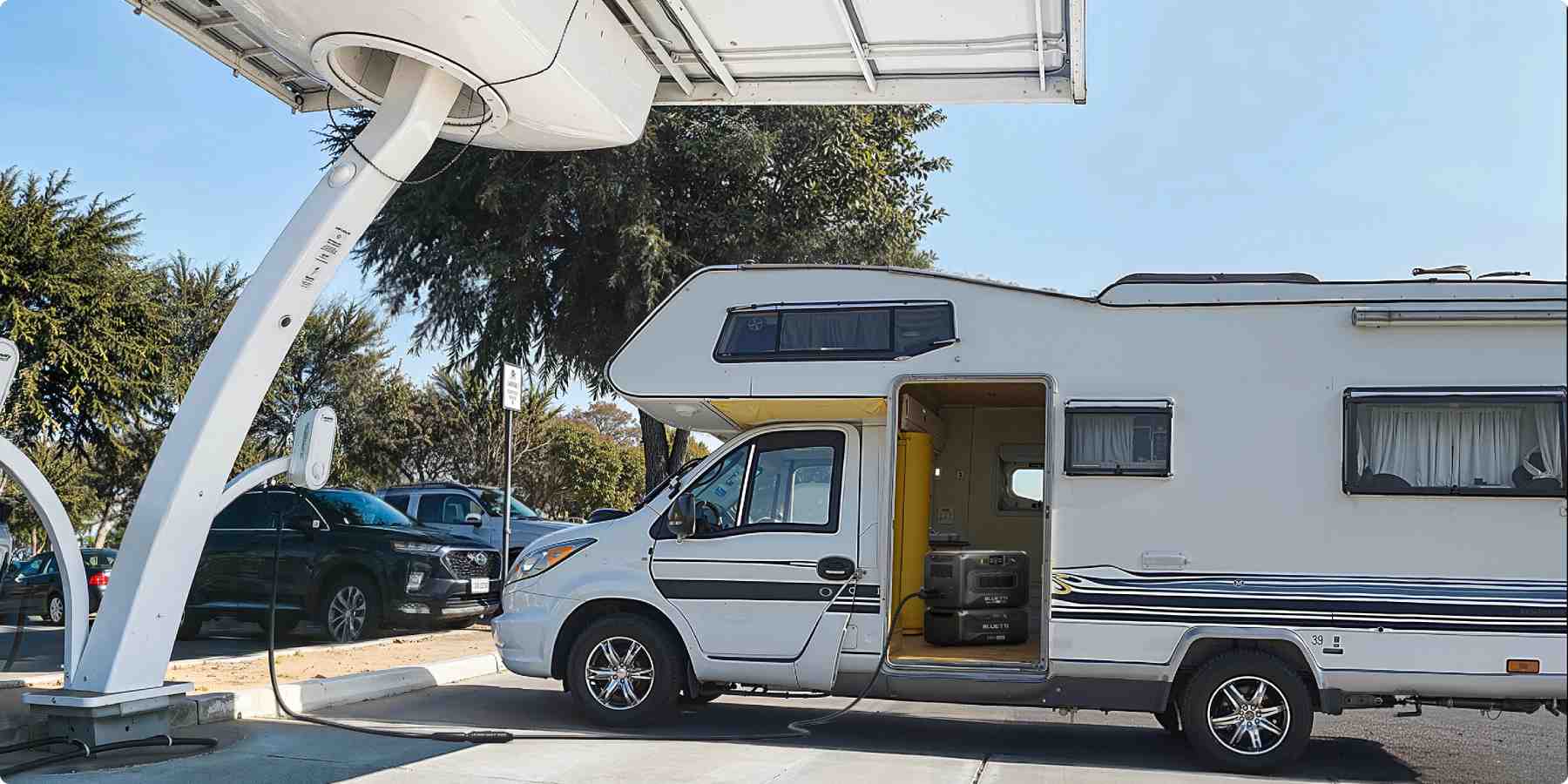 Bluetti Apex 300 cargando en un punto de recarga de vehículo eléctrico y en parque de autocaravanas