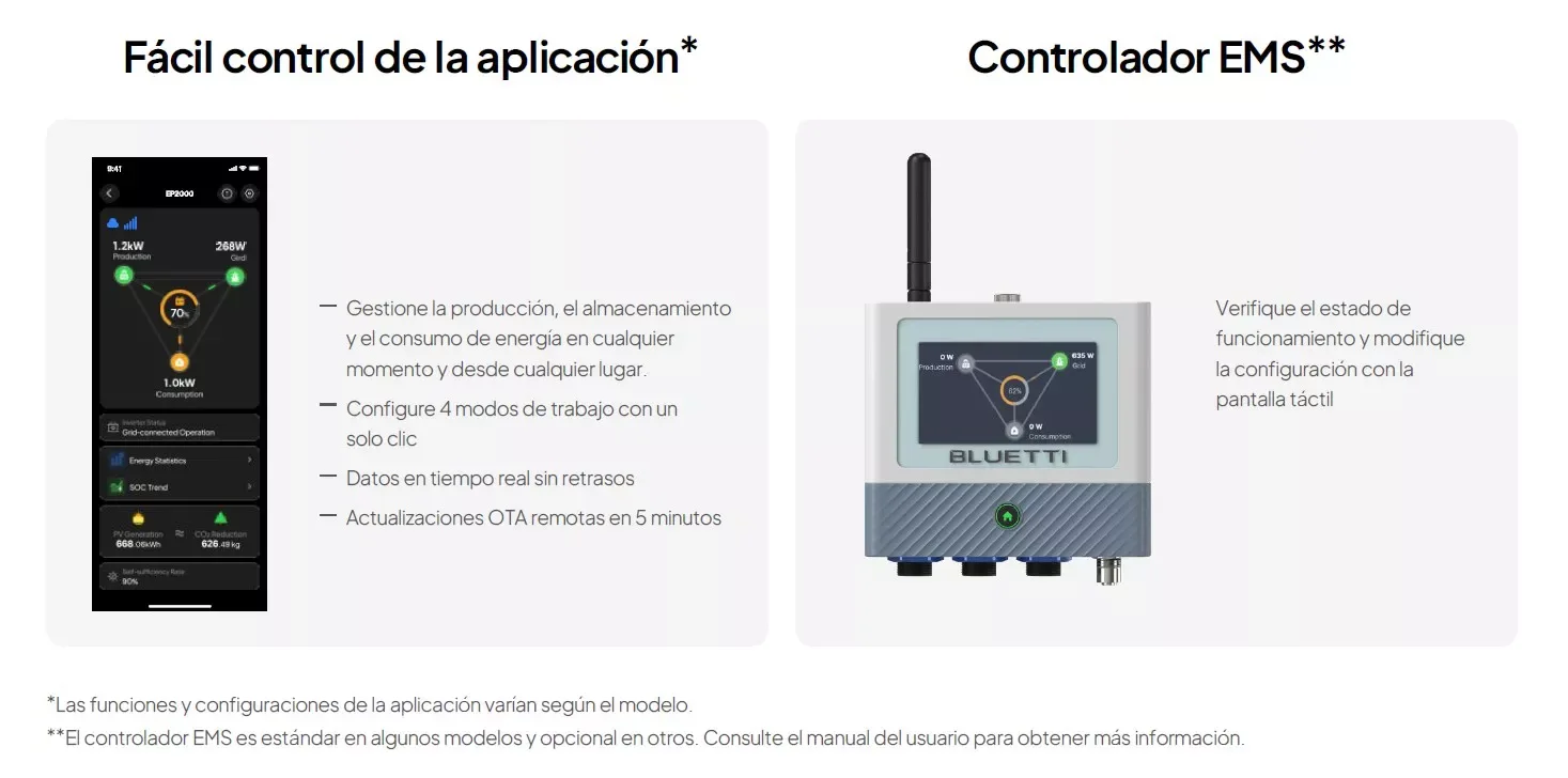 App BLUETTI y controlador EMS con pantalla táctil para gestionar el Bluetti EP2000
