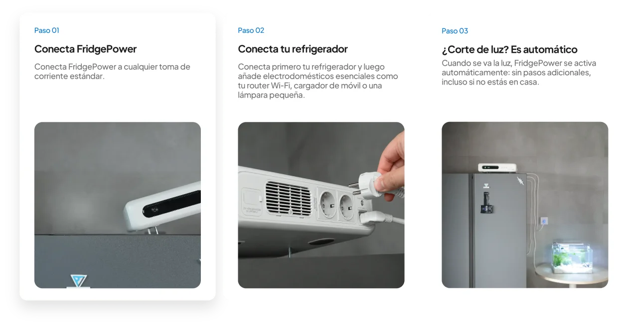 Las tres formas de instalar la FridgePower del pack: encima del frigorífico, en la pared o en un armario